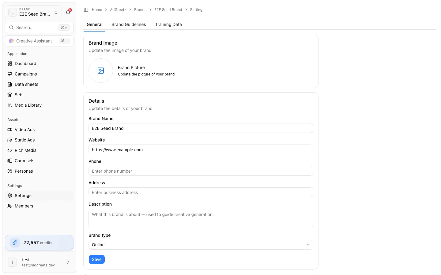 Settings → General General settings with brand picture and details