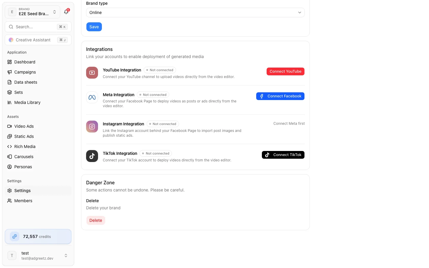 Brand integrations Integrations card with connection status for each platform