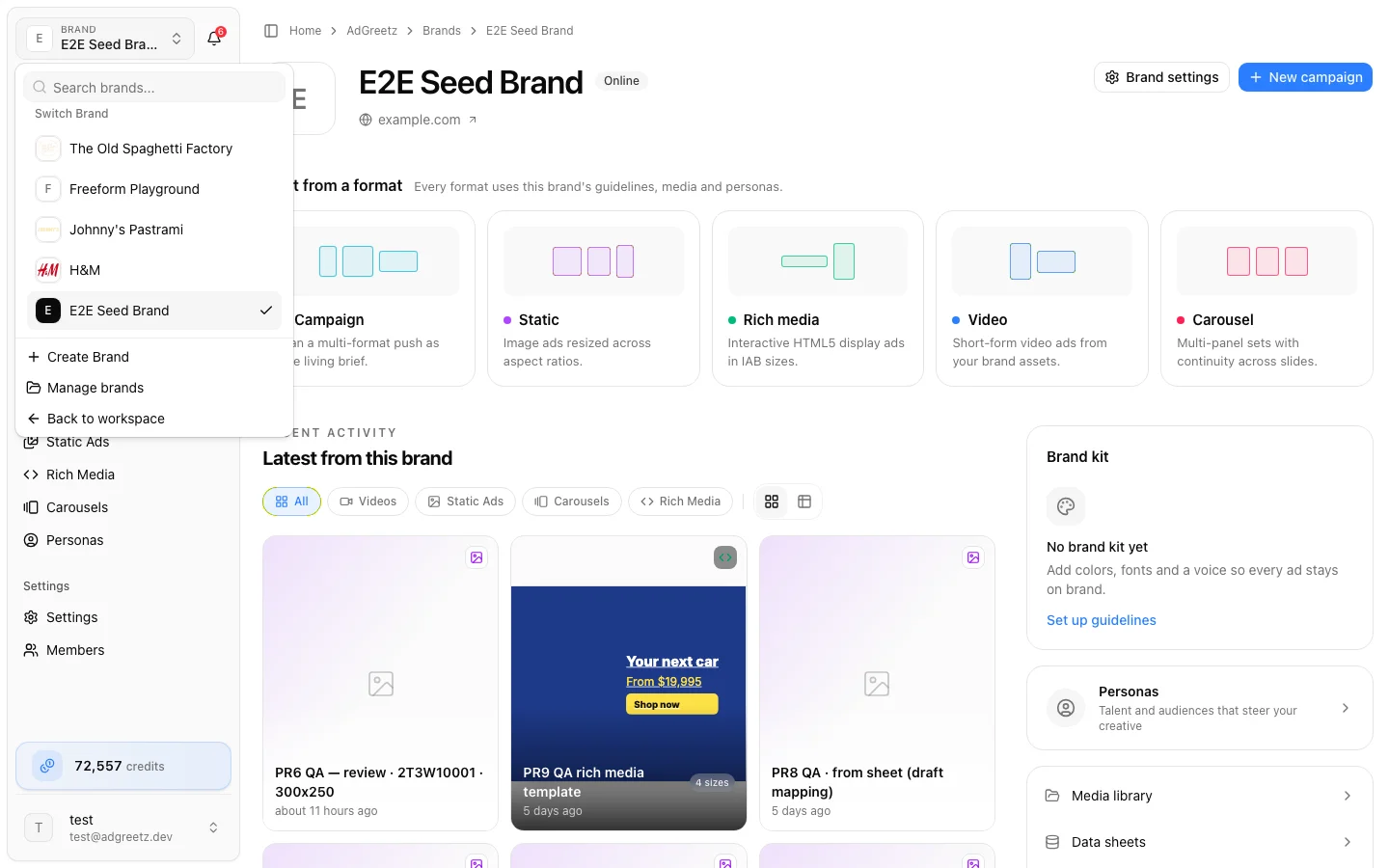 Switch brands from the sidebar Brand selector showing the current brand and other brands