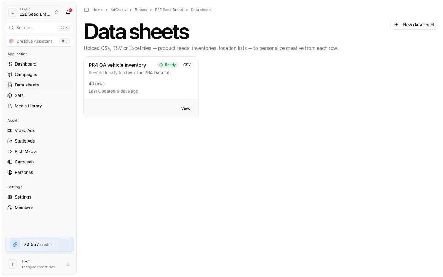 Brand → Data sheets Data sheets list with a ready CSV sheet and its row count