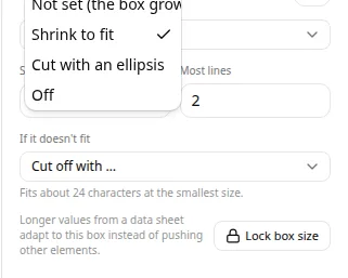 Fit options for a text layer Fit menu on a text layer, set to Shrink to fit, with Cut with an ellipsis and Off