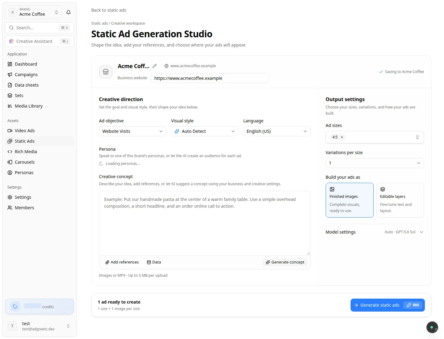 Brand Static studio, already saving to this brand Static Ad Generation Studio opened from the brand