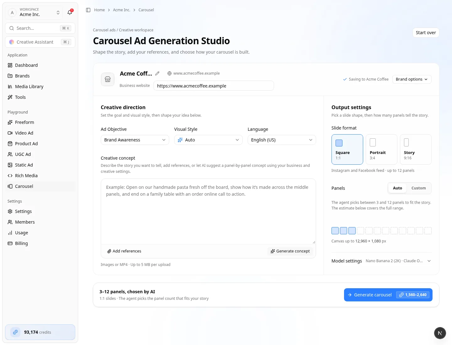 Carousel Playground — Carousel Ad Generation Studio Carousel Ad Generation Studio with creative direction and output settings