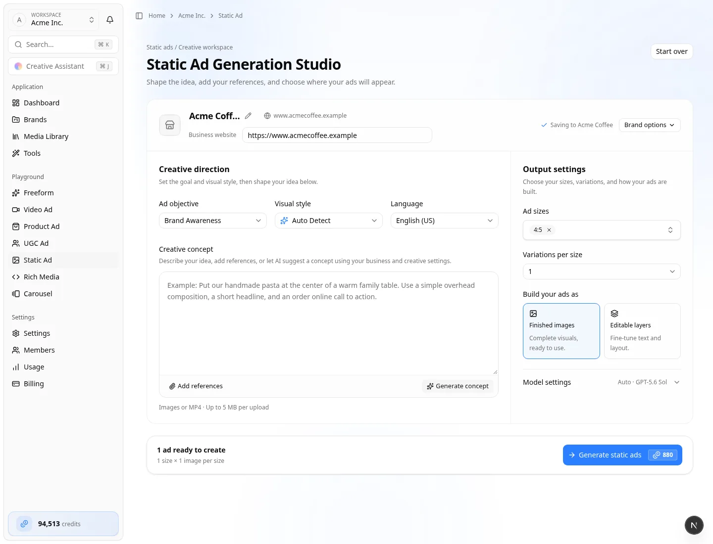 Static Ad Playground — Static Ad Generation Studio Static Ad Generation Studio with creative direction and output settings