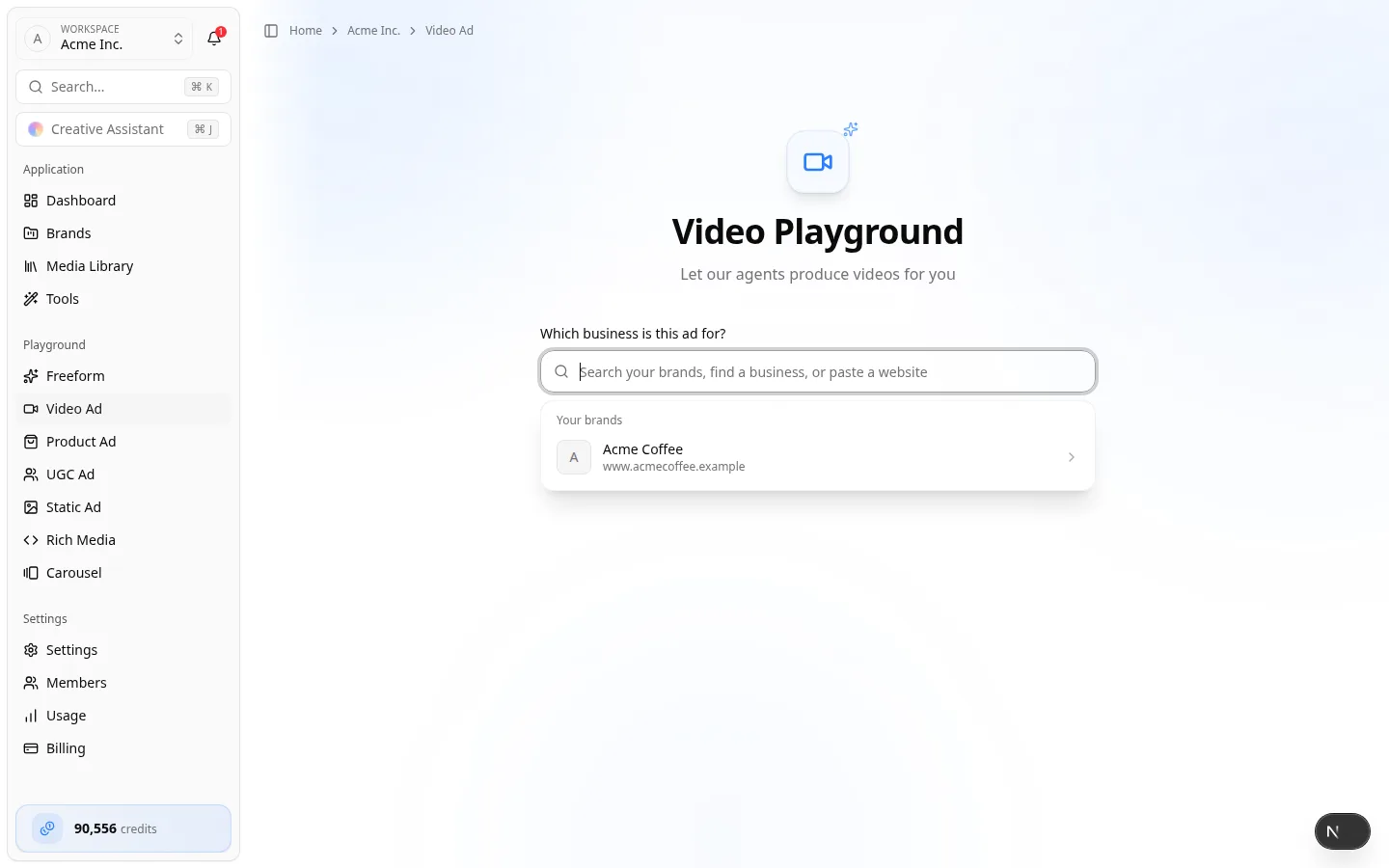 Pick a saved brand, or add a new business Video Playground search offering a saved brand