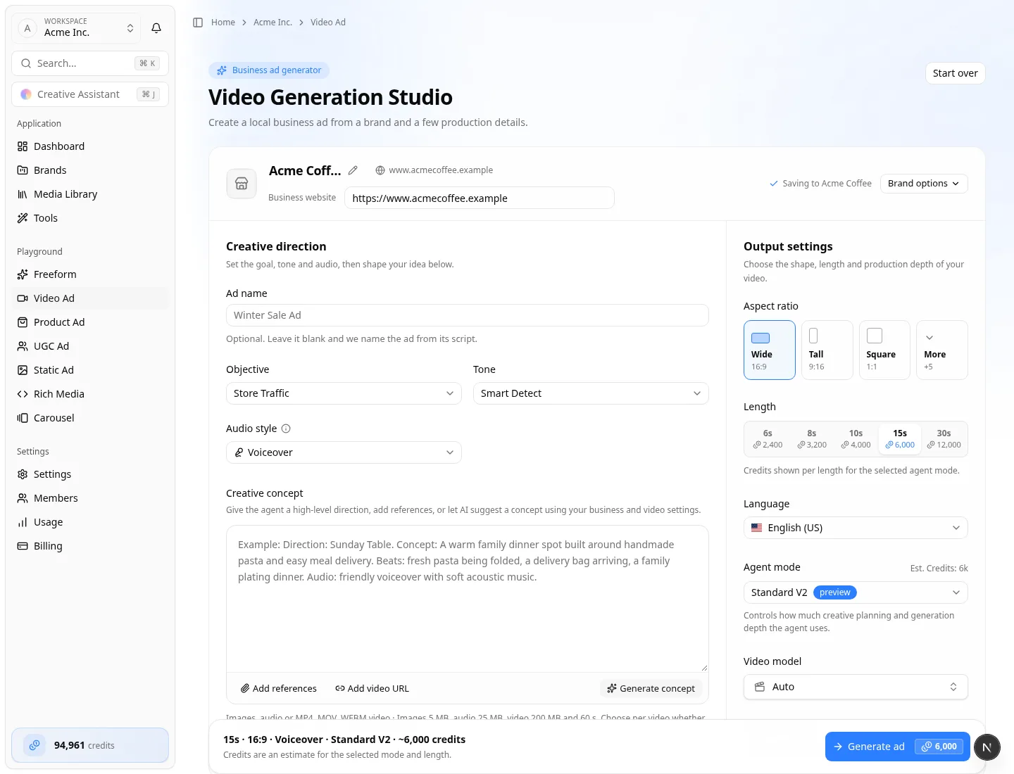 Video Playground — Video Generation Studio Video Generation Studio with creative direction and output settings